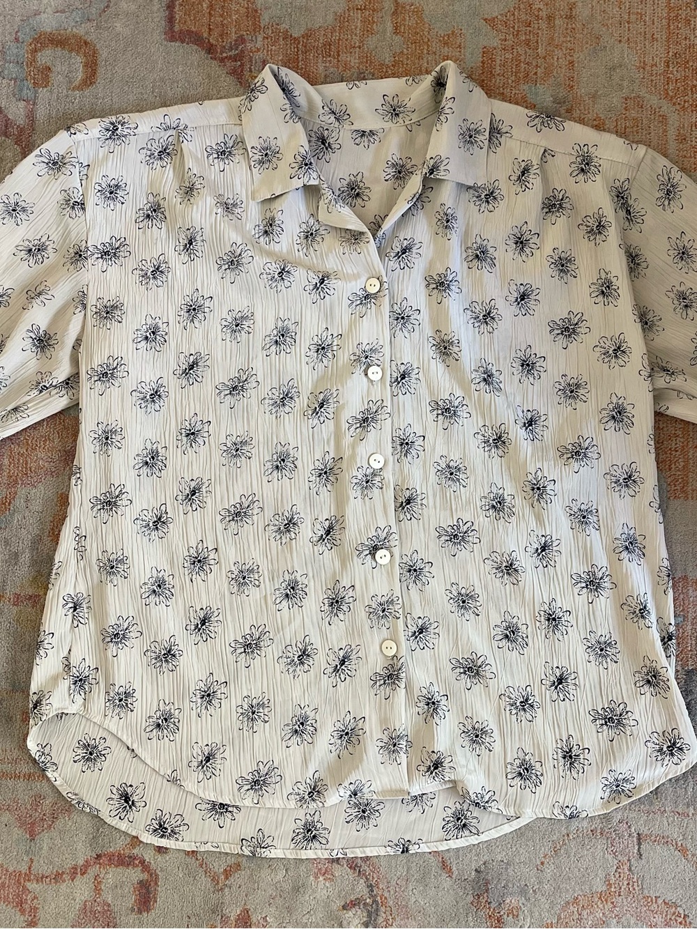 Vintage Cream Button-Down Shirt with Black Floral Print